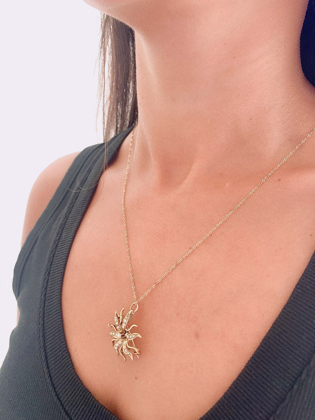14K Gold Antique Victorian Seed Pearl Sunburst Brooch Pendant V1086 Aurora Designer