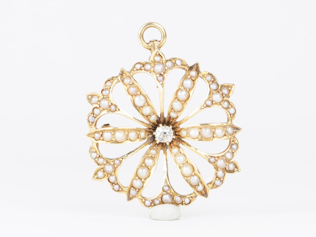 Antique Art Nouveau Seed Pearl Floral Pin Brooch Pendant 14K Gold V1088 Aurora Designer