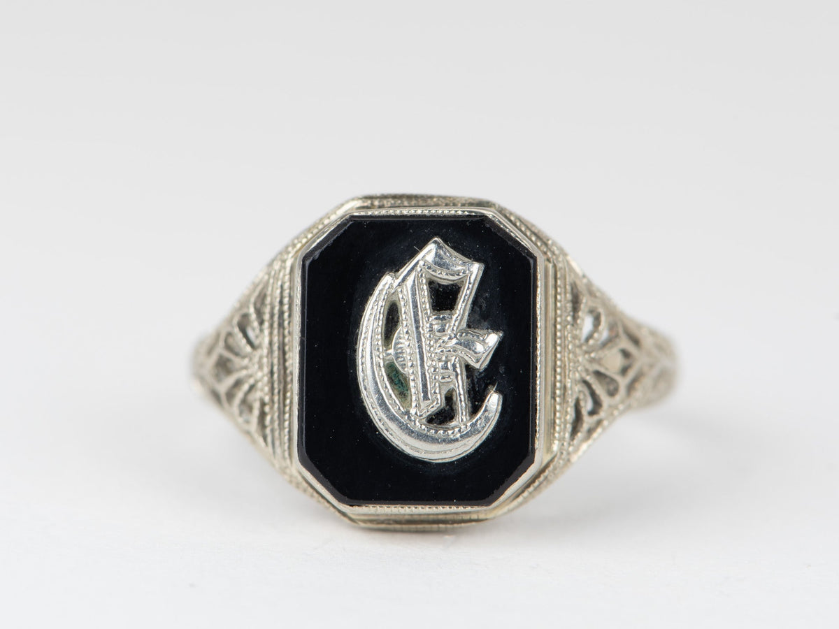 14K White Gold Vintage Filigree Black Onyx Initial G Ring V1089 Aurora Designer