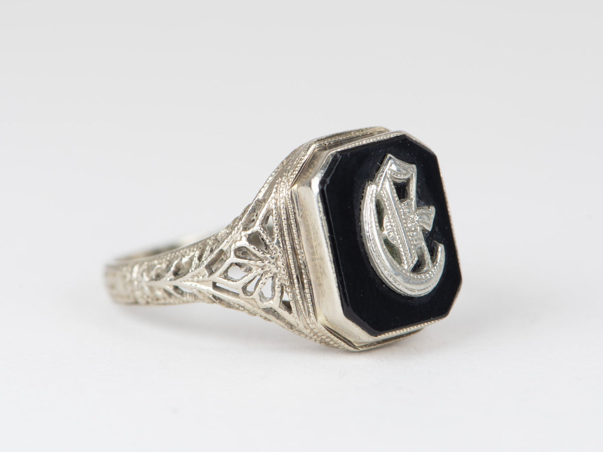 14K White Gold Vintage Filigree Black Onyx Initial G Ring V1089 Aurora Designer