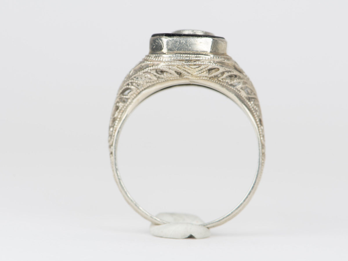 14K White Gold Vintage Filigree Black Onyx Initial G Ring V1089 Aurora Designer
