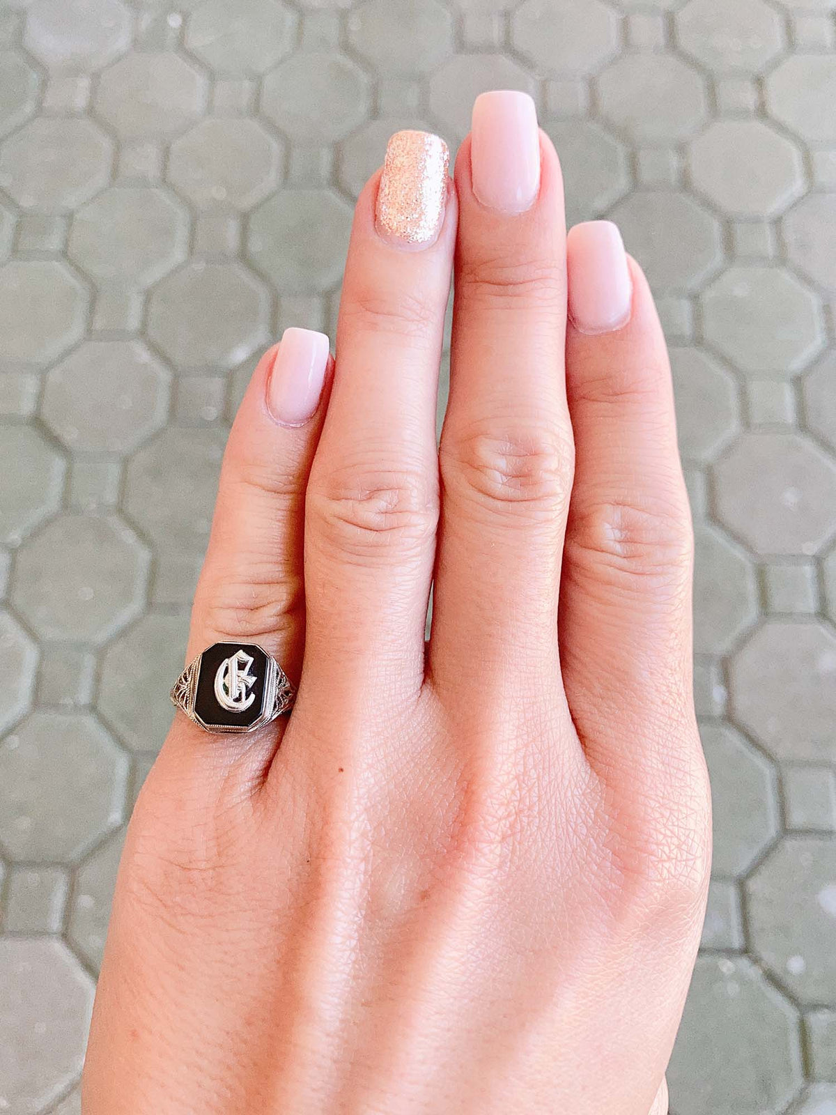 14K White Gold Vintage Filigree Black Onyx Initial G Ring V1089 Aurora Designer