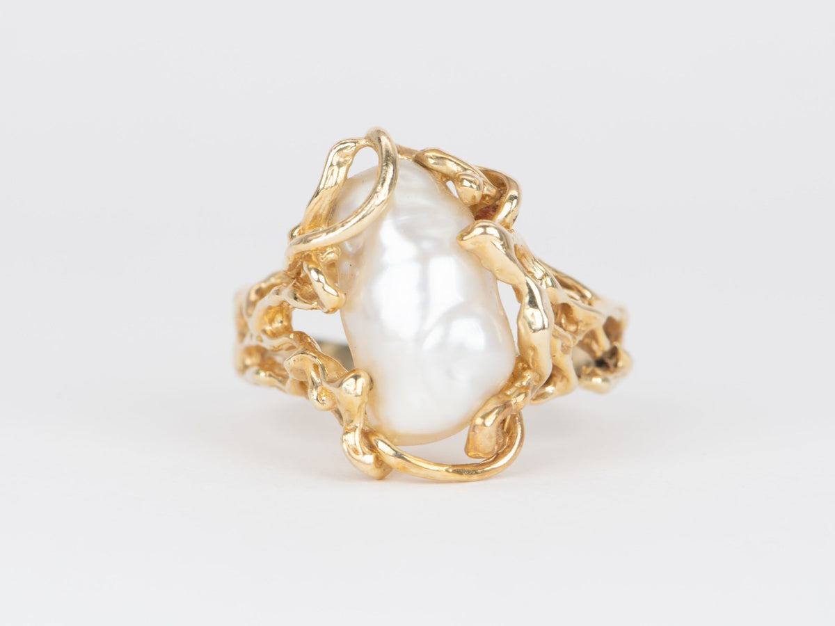 Baroque Pearl in Modernist Design 14K Gold Ring V1090 Aurora Designer