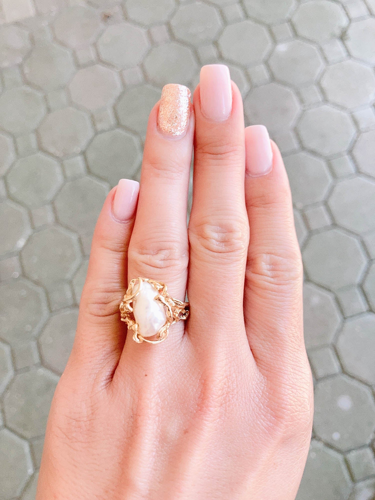 Baroque Pearl in Modernist Design 14K Gold Ring V1090 Aurora Designer