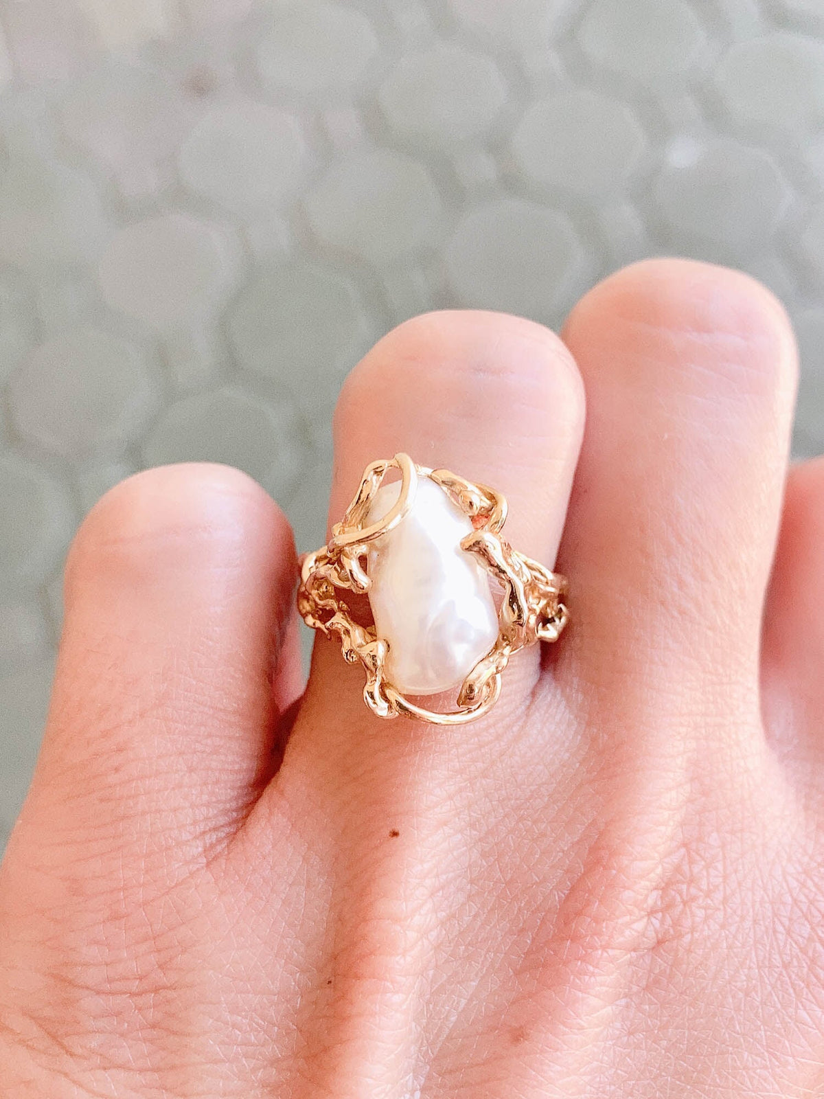 Baroque Pearl in Modernist Design 14K Gold Ring V1090 Aurora Designer