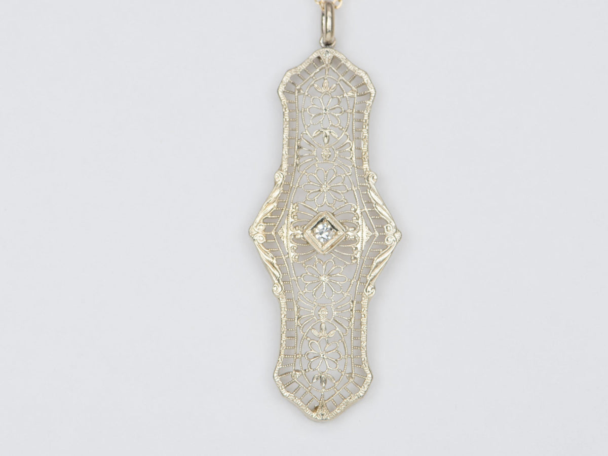 Antique Art Deco Pin Conversion Pendant 14K White Gold 3.2g V1093 Aurora Designer