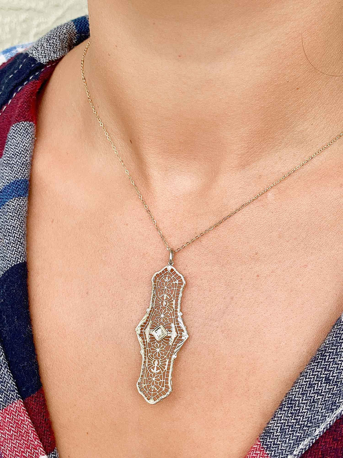 Antique Art Deco Pin Conversion Pendant 14K White Gold 3.2g V1093 Aurora Designer