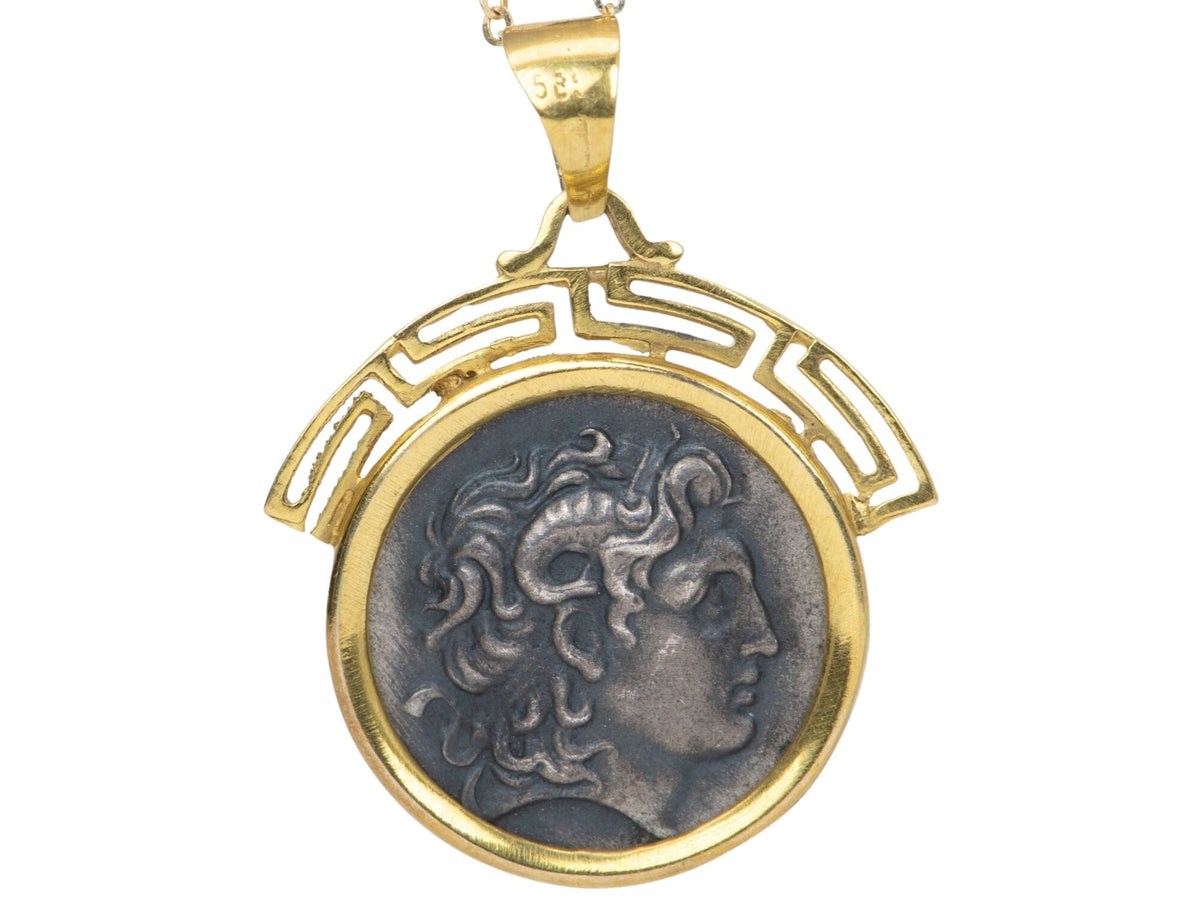 Alexander the Great Silver Coin Medallion Pendant 14K Gold Greek Key V1094 Aurora Designer