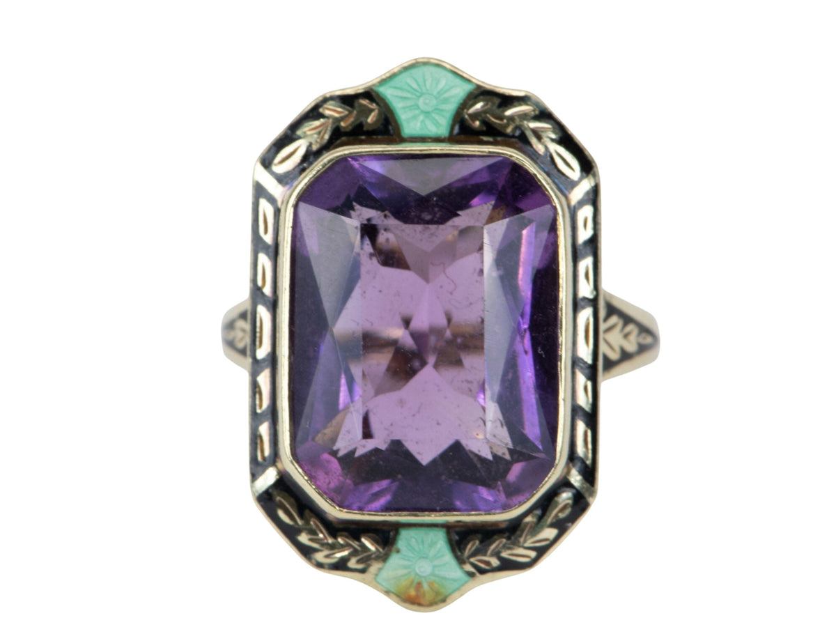 Vintage Statement Amethyst Ring with Enamel Details 14K Gold 8.93g V1095 Aurora Designer
