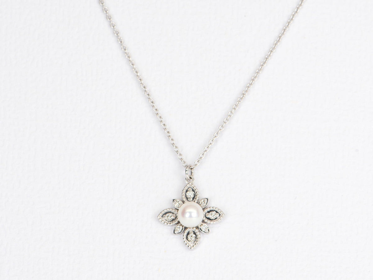 4mm Akoya Pearl Pendant Necklace 18K White Gold Diamond Accents Full Round Pearl June AD2278 Aurora Designer