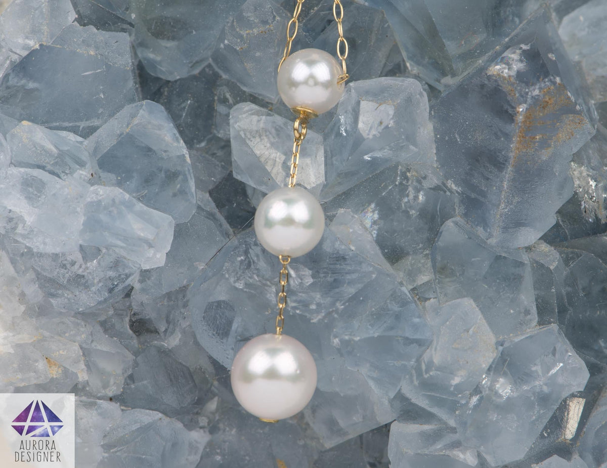 Akoya Three Pearl Necklace 18K Yellow Gold Chain Dangled Full Round Pearls June Birthstone AD2288