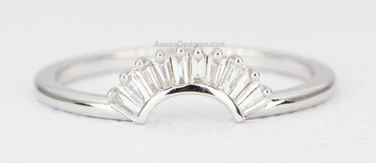Baguette Diamond Ring 14K Gold Crown Wedding Band Contoured Unique Tiara Curve AD1349