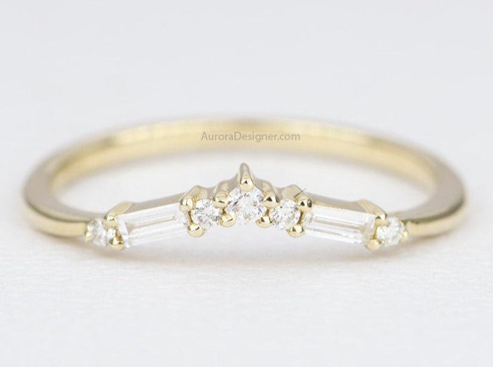 Baguette Round Diamond 14K Gold Crown Wedding Band Contoured Tiara Curve Ring Enhancer AD1852