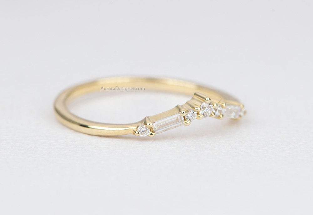 Baguette Round Diamond 14K Gold Crown Wedding Band Contoured Tiara Curve Ring Enhancer AD1852