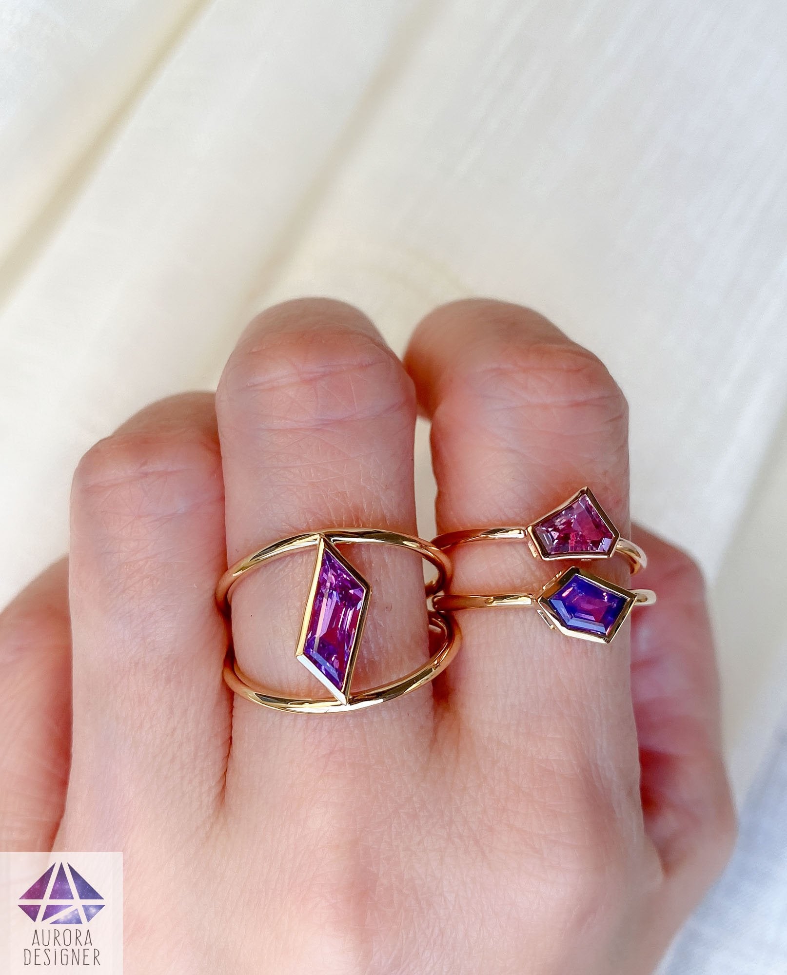 Bi-Color Geometric Sapphire Ring 14K Yellow Gold Bezel Set 