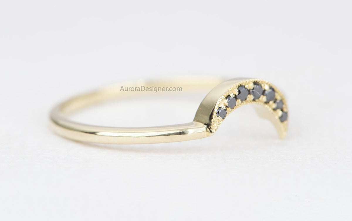 Black Diamond Moon Crescent Wedding Band 14K Gold Stacking Ring Stackable Rings Enhancer AD1880