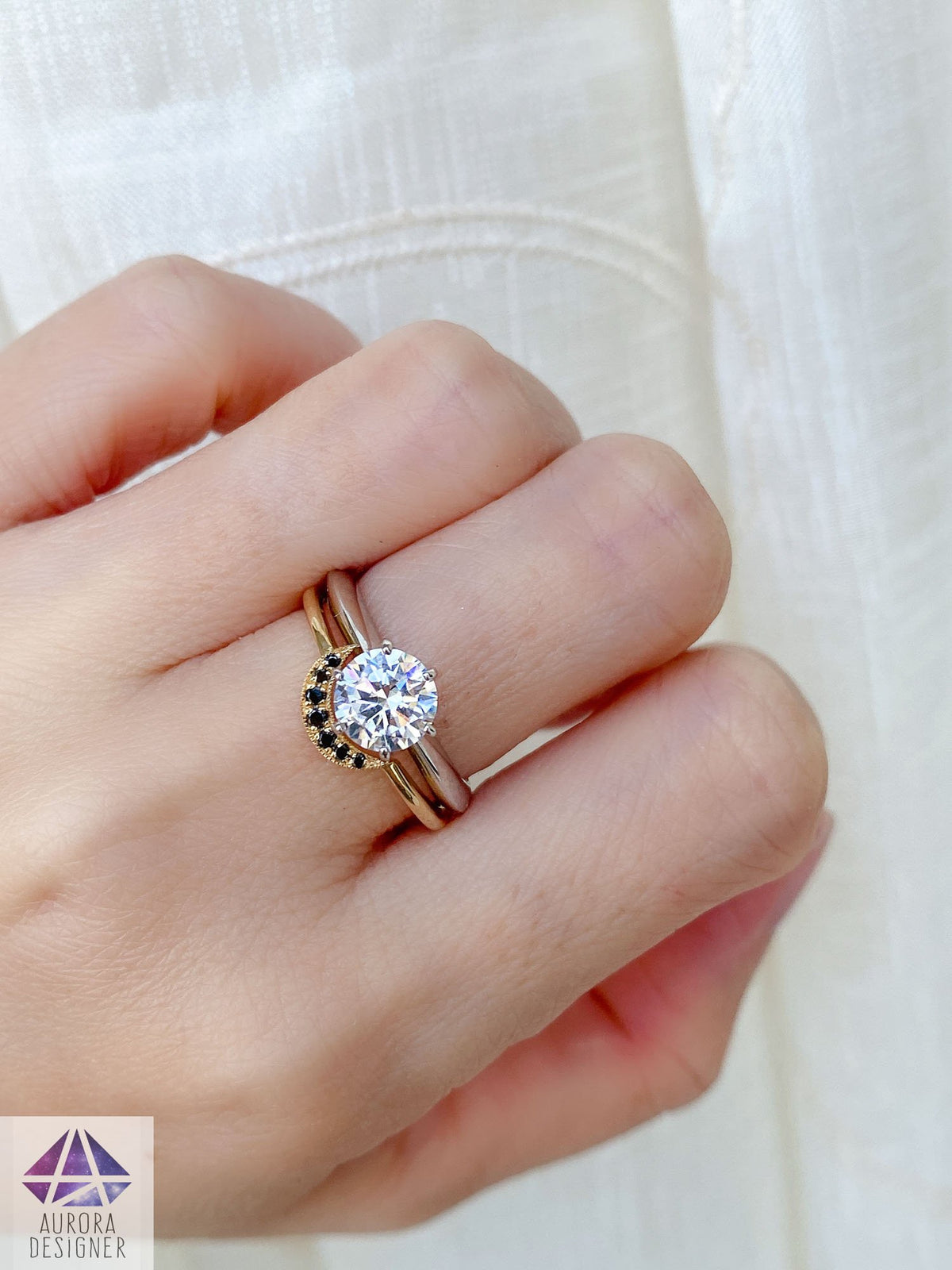 Black Diamond Moon Crescent Wedding Band 14K Gold Stacking Ring Stackable Rings Enhancer AD1880