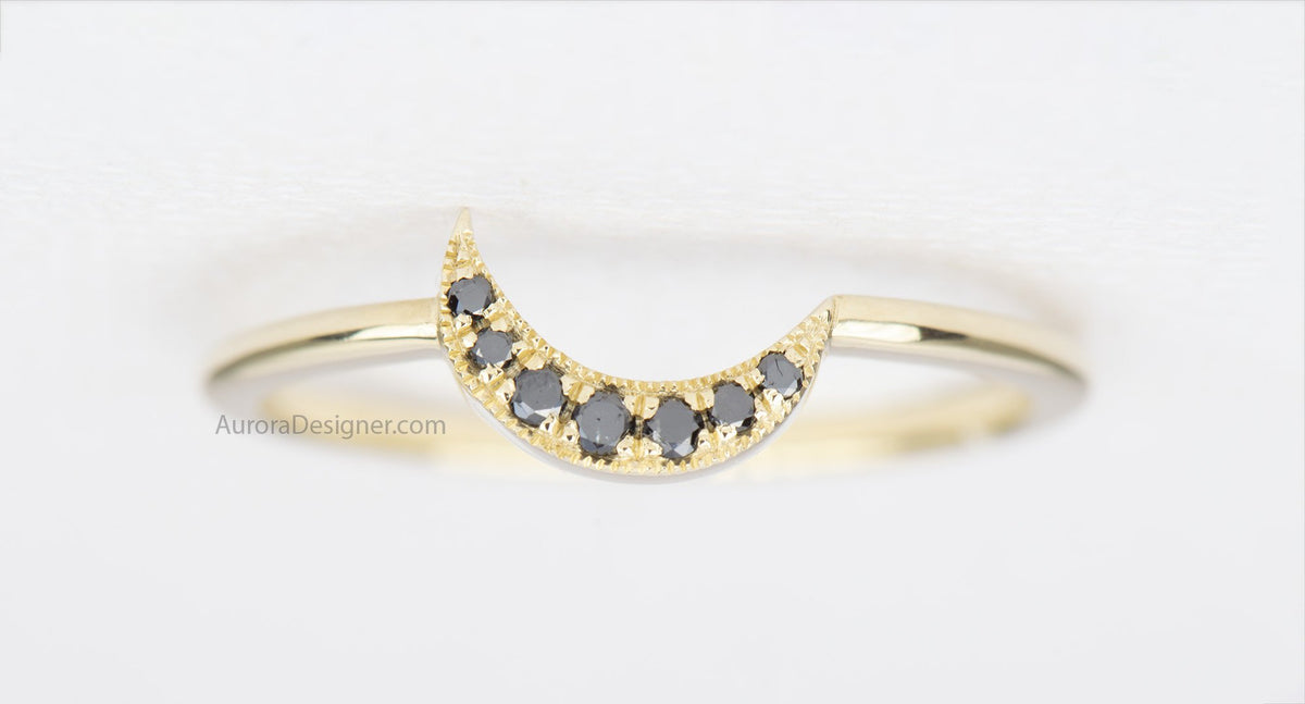 Black Diamond Moon Crescent Wedding Band 14K Gold Stacking Ring Stackable Rings Enhancer AD1880