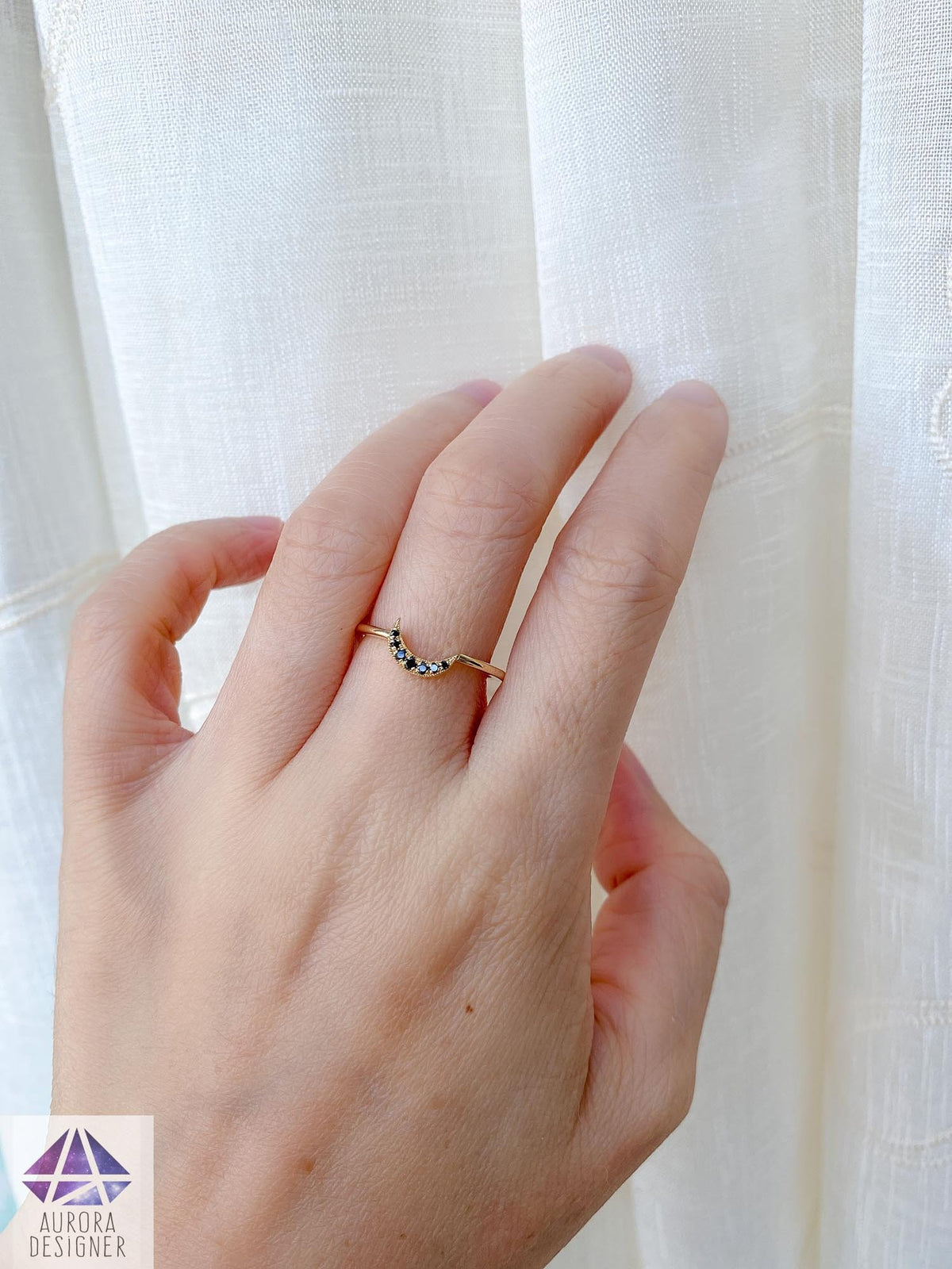 Black Diamond Moon Crescent Wedding Band 14K Gold Stacking Ring Stackable Rings Enhancer AD1880