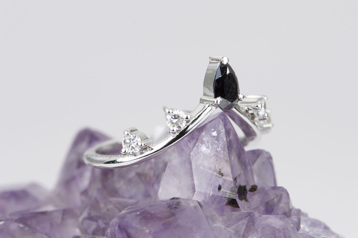 Black &amp; White Diamond Ring 14K Gold Unique Wedding Band Pear Shape Stacking Rings Enhancer AD1574-1