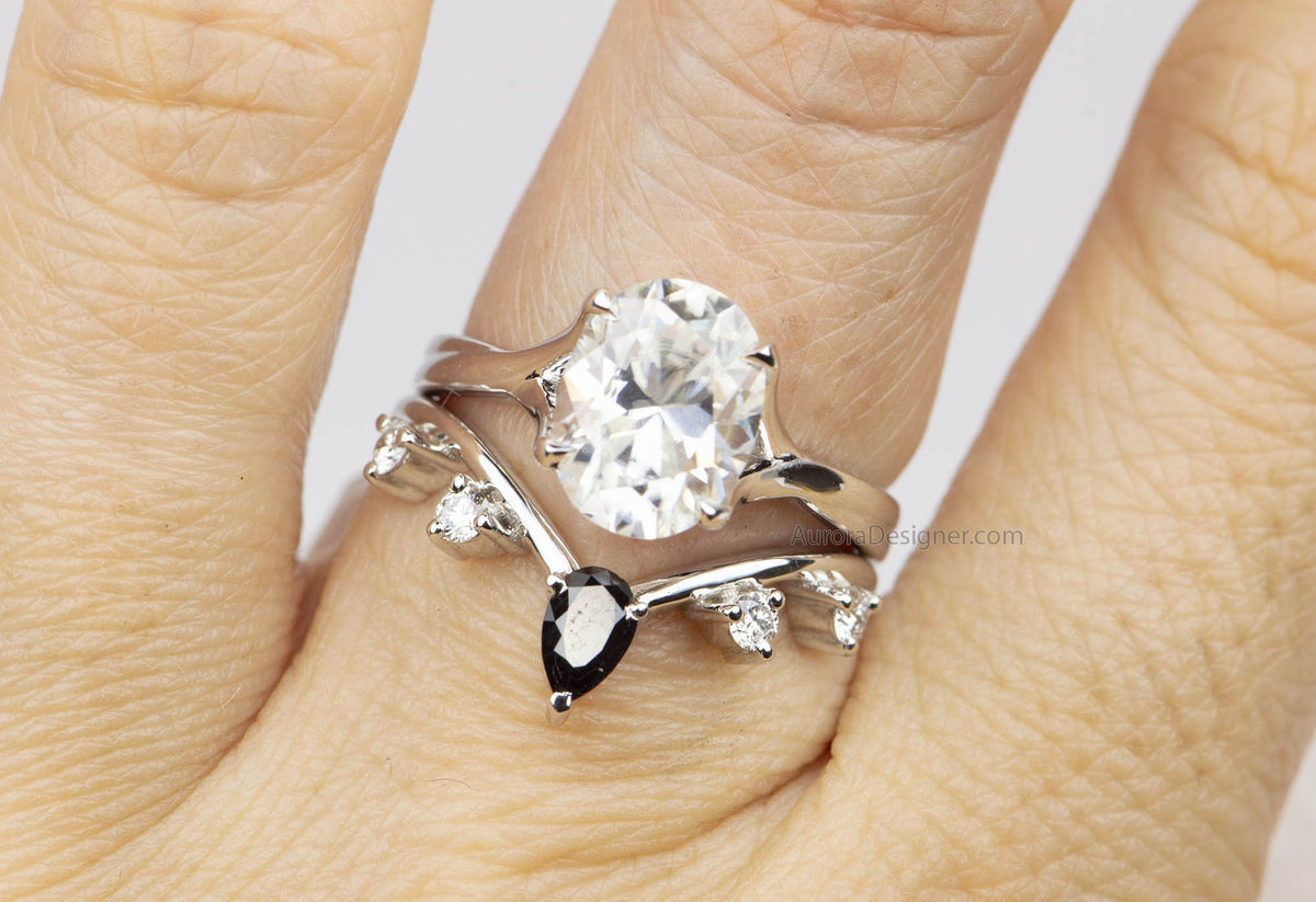 Black &amp; White Diamond Ring 14K Gold Unique Wedding Band Pear Shape Stacking Rings Enhancer AD1574-1