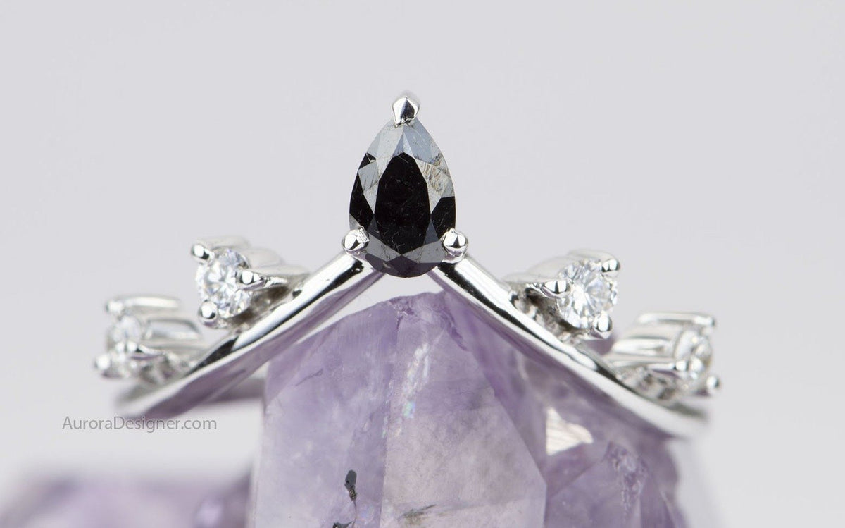 Black &amp; White Diamond Ring 14K Gold Unique Wedding Band Pear Shape Stacking Rings Enhancer AD1574-1