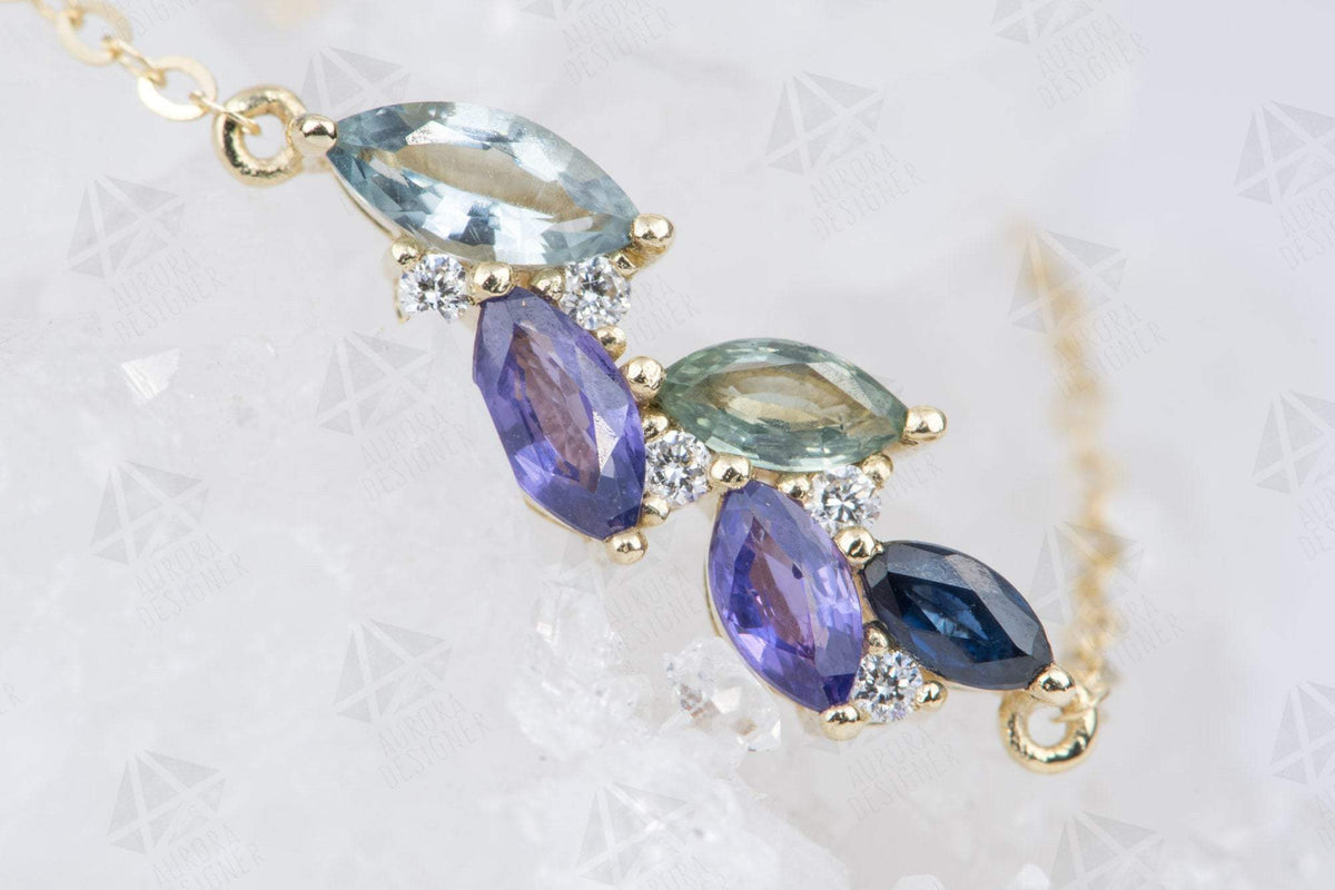 Blue Purple Sapphire Diamond Cluster Chain Link Bracelet 14K Gold Marquise Mint Green AD2096