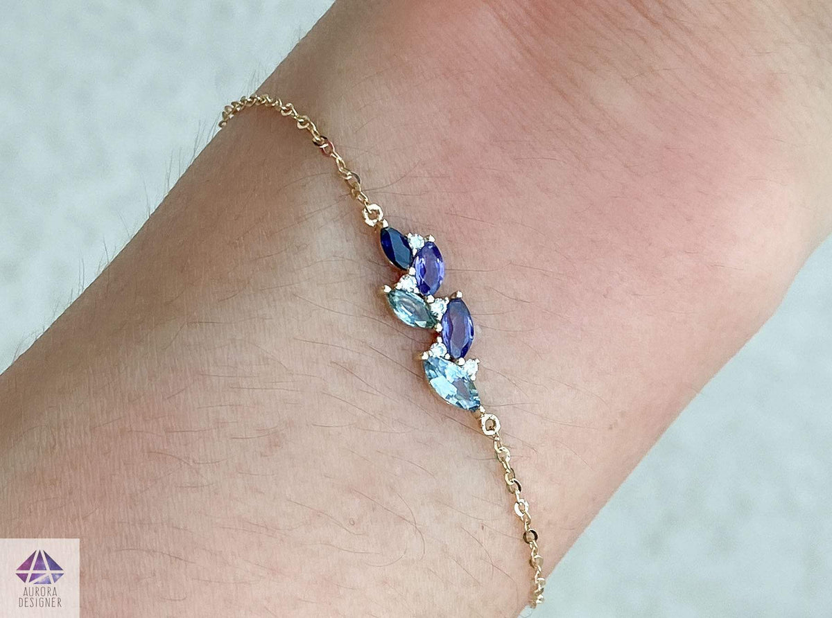 Blue Purple Sapphire Diamond Cluster Chain Link Bracelet 14K Gold Marquise Mint Green AD2096