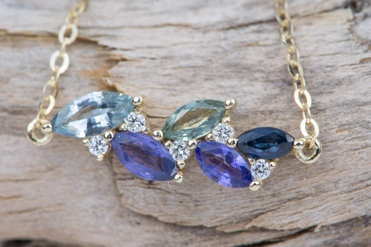 Blue Purple Sapphire Diamond Cluster Chain Link Bracelet 14K Gold Marquise Mint Green AD2096