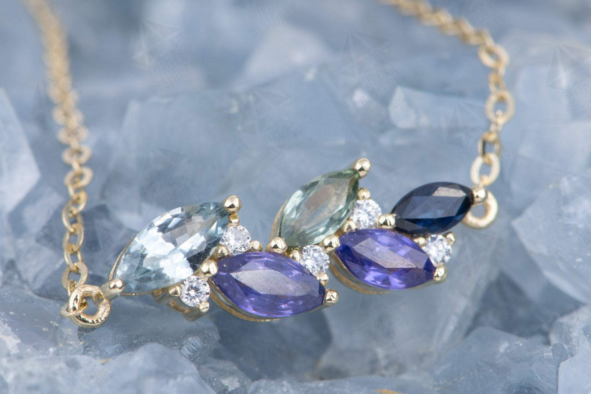 Blue Purple Sapphire Diamond Cluster Chain Link Bracelet 14K Gold Marquise Mint Green AD2096