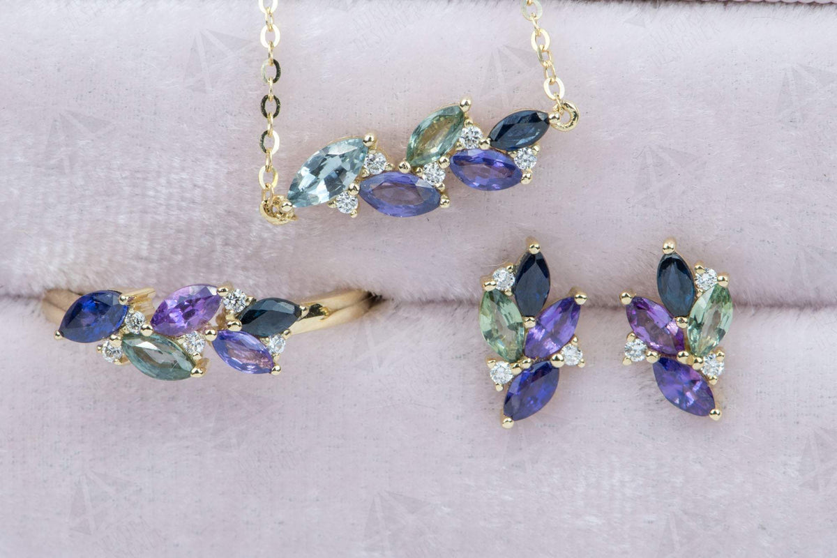 Blue Purple Sapphire Diamond Cluster Chain Link Bracelet 14K Gold Marquise Mint Green AD2096