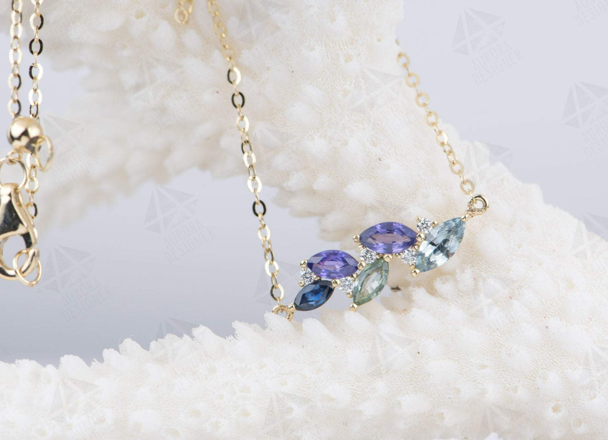 Blue Purple Sapphire Diamond Cluster Chain Link Bracelet 14K Gold Marquise Mint Green AD2096