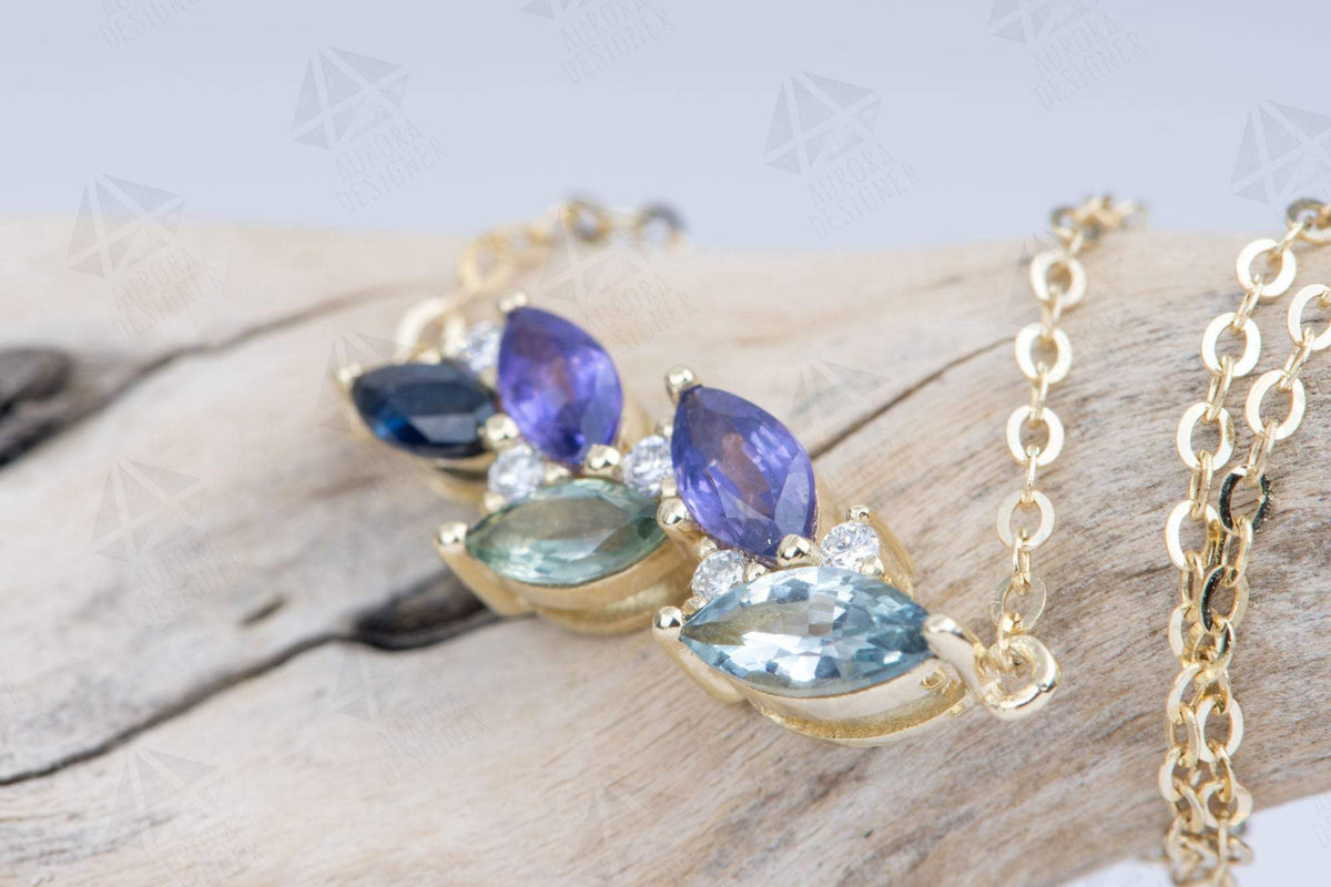 Blue Purple Sapphire Diamond Cluster Chain Link Bracelet 14K Gold Marquise Mint Green AD2096