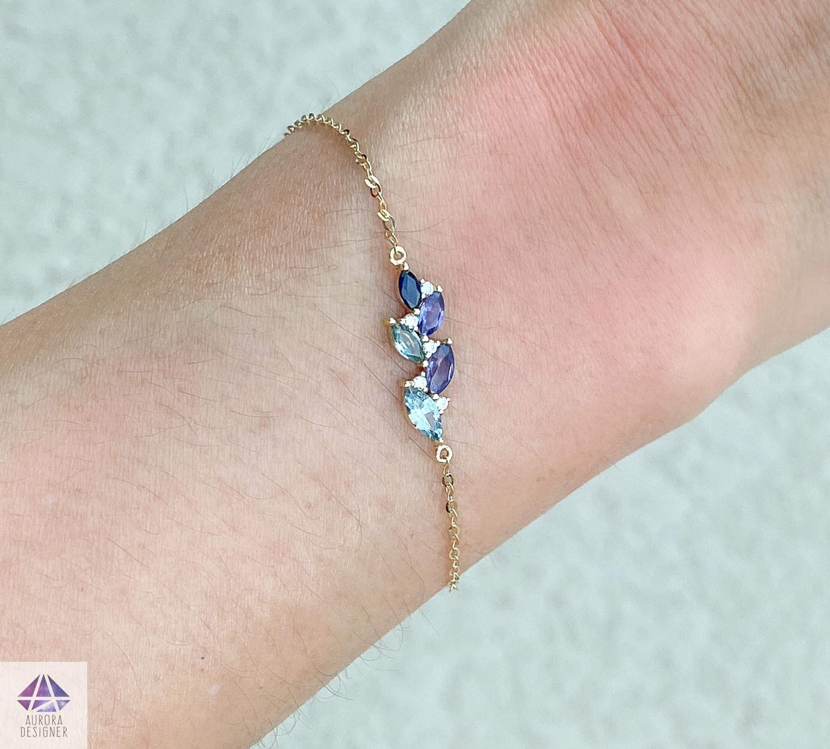 Blue Purple Sapphire Diamond Cluster Chain Link Bracelet 14K Gold Marquise Mint Green AD2096