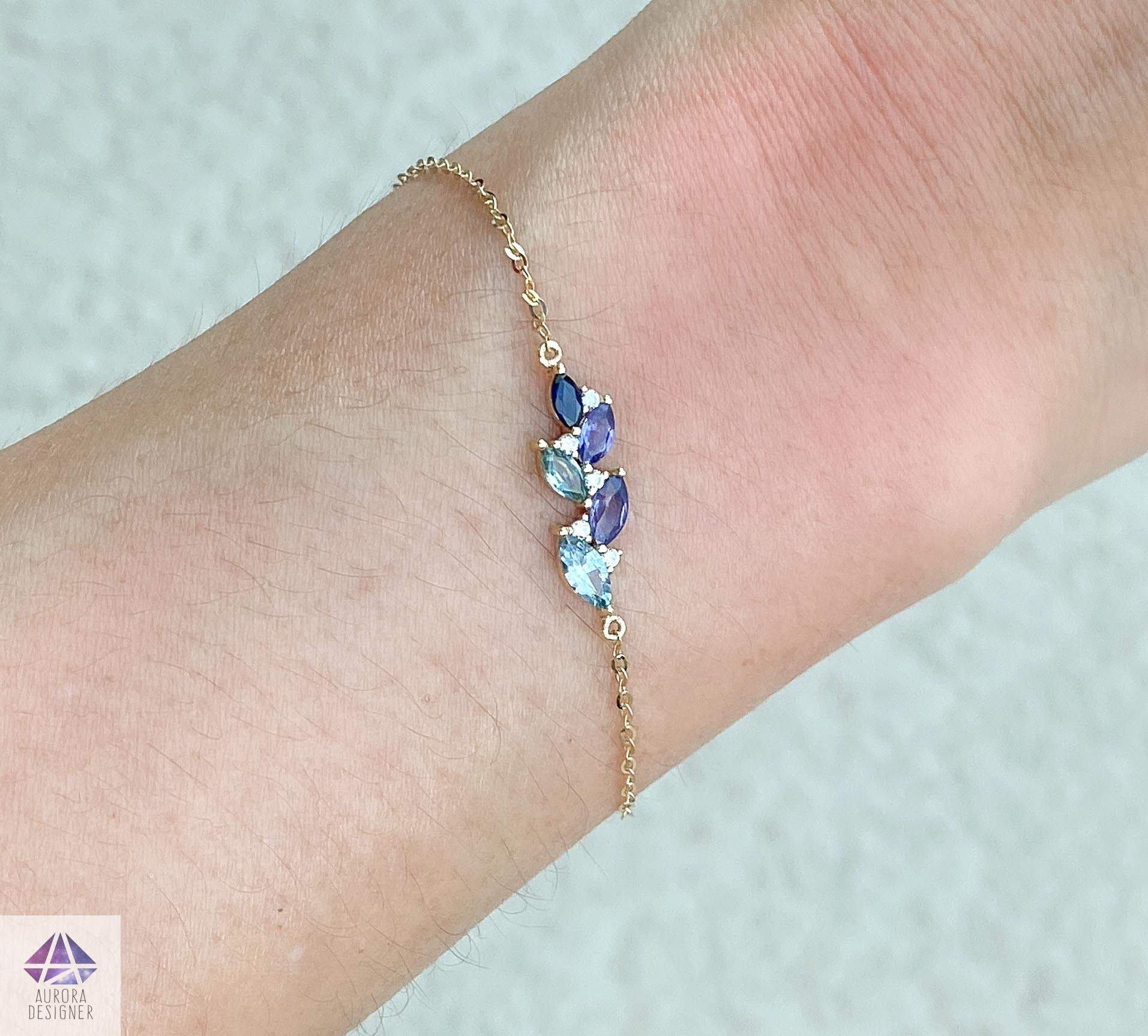 Aurora Designer Blue Purple Sapphire Diamond Cluster Chain Link Bracelet 14K Gold Marquise Mint Green AD2096