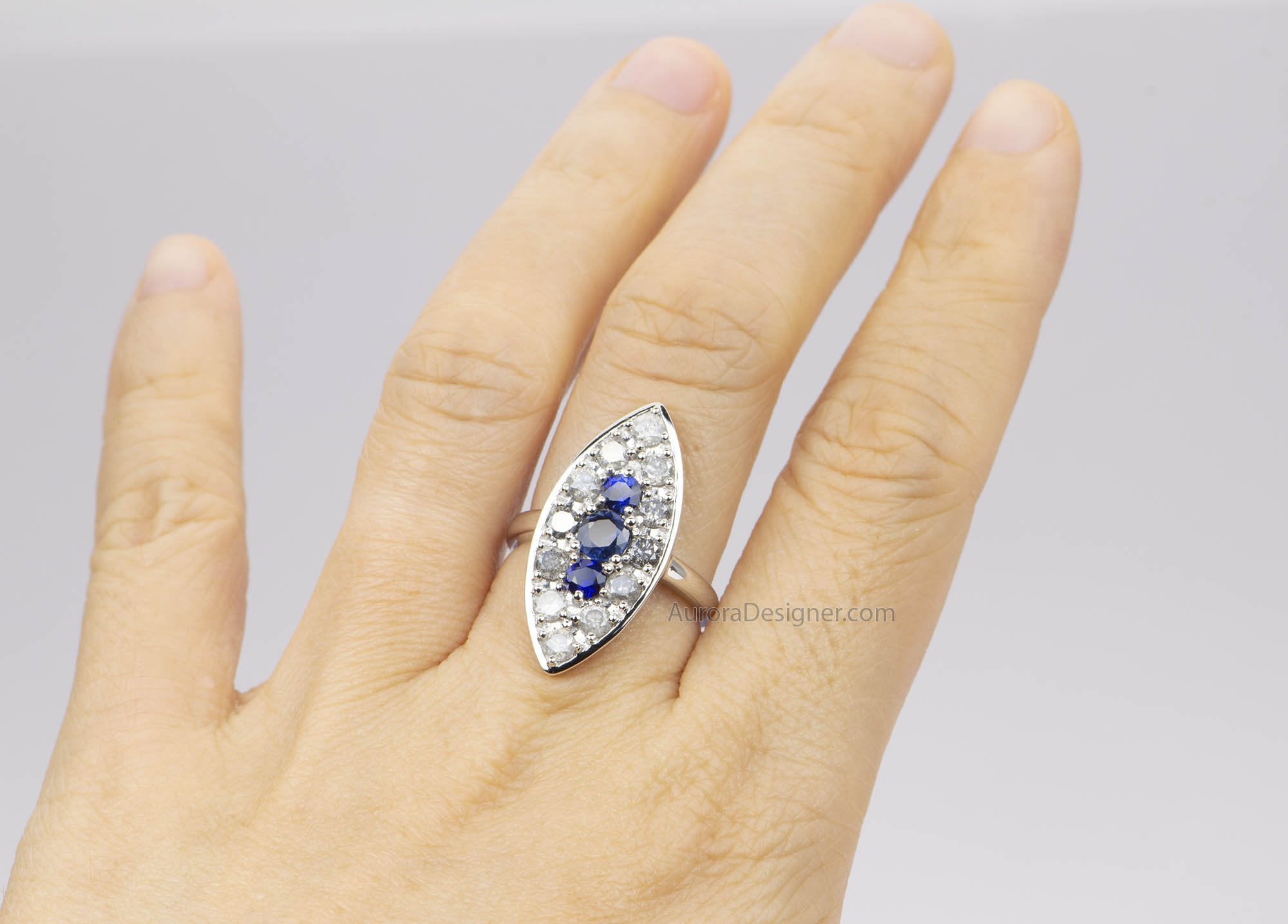 Aurora Designer Blue Sapphire Diamond Navette Ring 14K White Gold Vintage Inspired Alternative Engagement AD1886