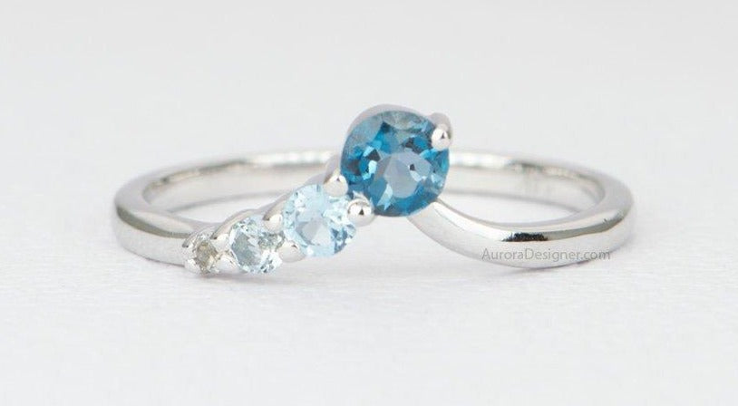 Blue Topaz Ring 14K Gold Gradient Colors Ombré Curve Contoured Crown Unique Wedding Band AD1694