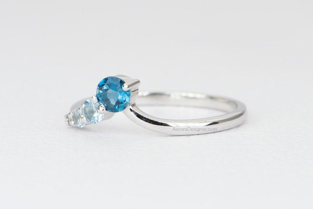 Blue Topaz Ring 14K Gold Gradient Colors Ombré Curve Contoured Crown Unique Wedding Band AD1694