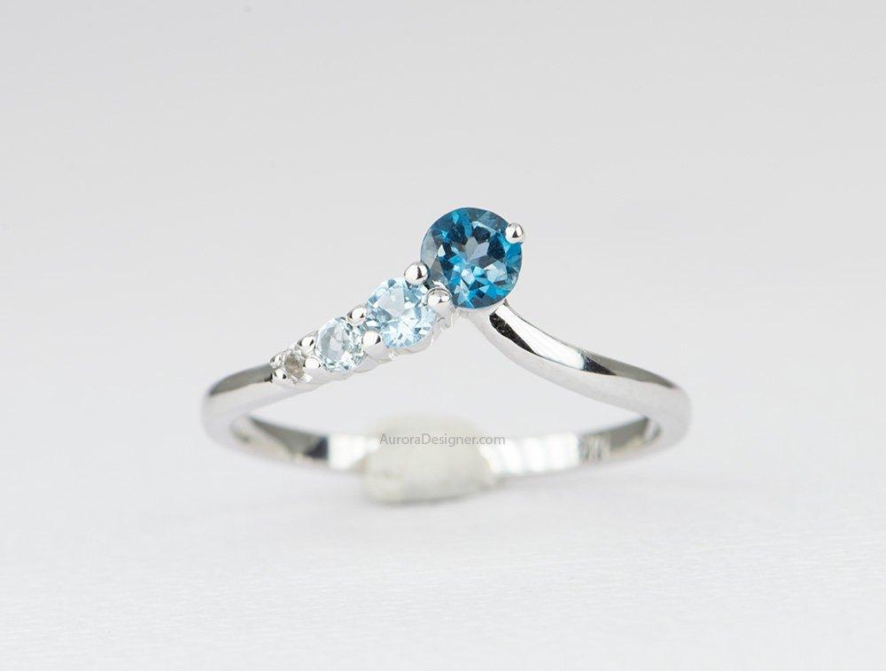 Blue Topaz Ring 14K Gold Gradient Colors Ombré Curve Contoured Crown Unique Wedding Band AD1694