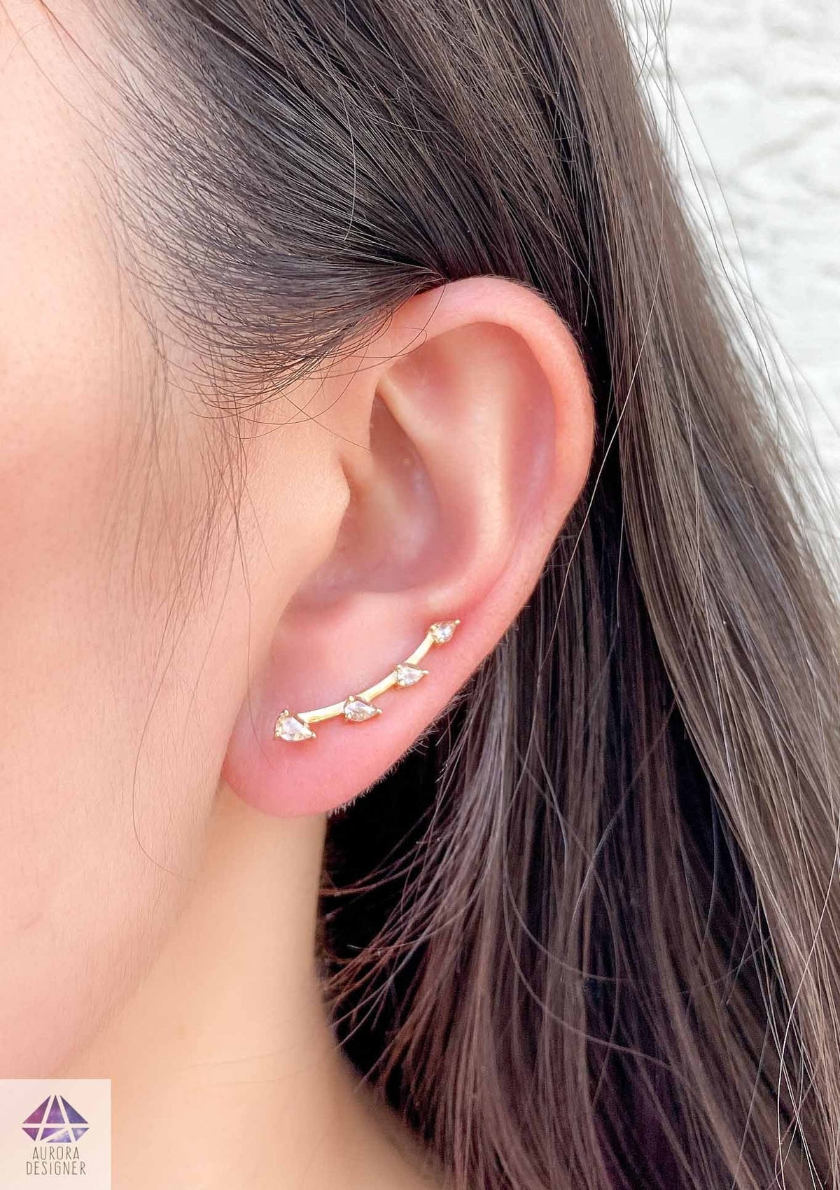 Champagne Diamond Earrings 14K Yellow Gold Ear Climbers Rose Cut Fancy Color Nature Inspired AD1941