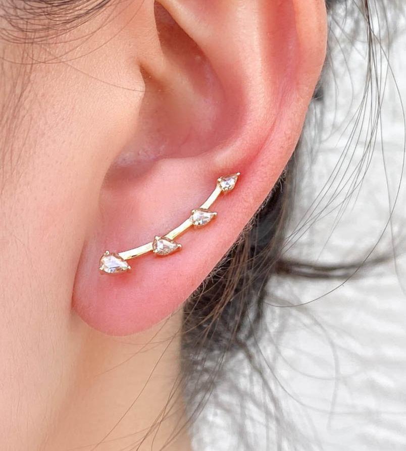 Champagne Diamond Earrings 14K Yellow Gold Ear Climbers Rose Cut Fancy Color Nature Inspired AD1941