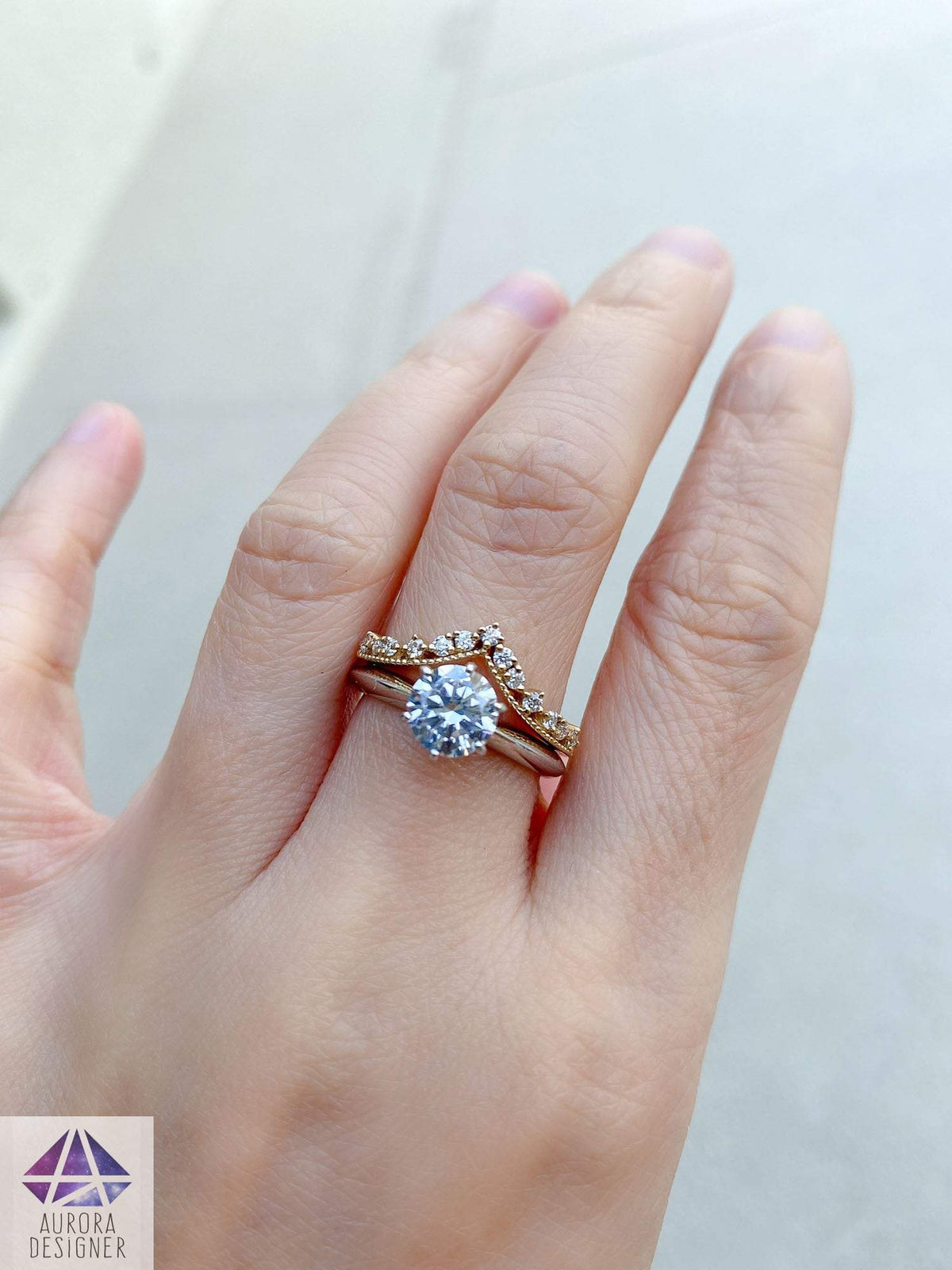Contoured Diamond Wedding Band 14K Gold Crown Curve Unique Tiara Ring Guard AD1833