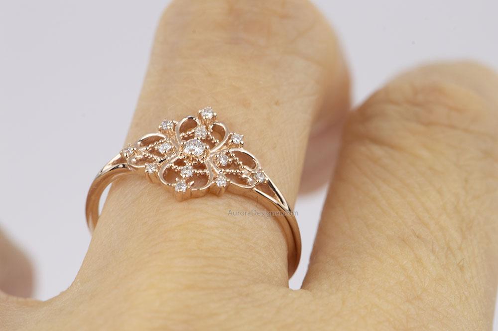 Aurora Designer Dainty Diamond Ring Solid 14K Gold Geunine