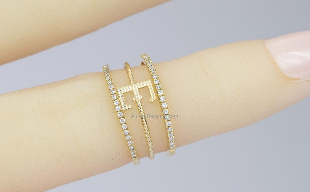 Dainty Textured 18K Gold Ring Letters Alphabets Initials Personalized Birthday Gift for Her AD1537