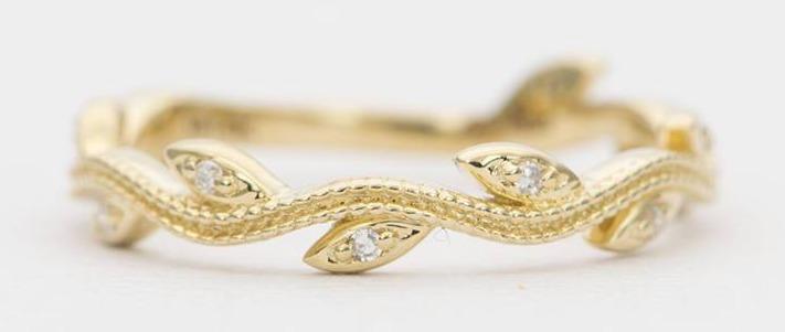 Diamond Leaf Double Milgrain 14K Gold Wedding Band Ring Eternity Scroll Wave AD1340