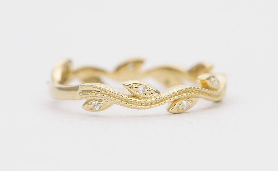 Diamond Leaf Double Milgrain 14K Gold Wedding Band Ring Eternity Scroll Wave AD1340