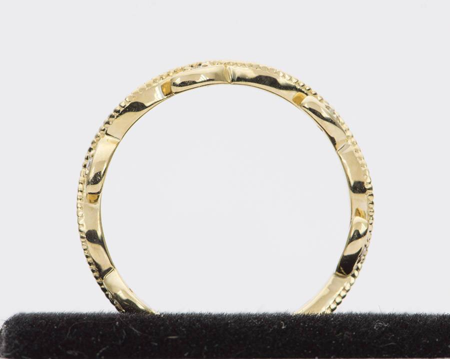 Diamond Leaf Double Milgrain 14K Gold Wedding Band Ring Eternity Scroll Wave AD1340