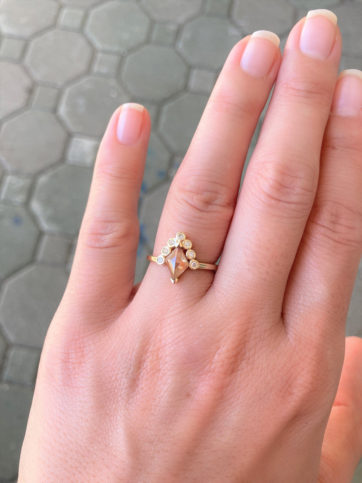 Diamond Shape Rosecut Coral Diamond 14K Gold Band Round Bezel Set Crown Unique OOAK AD1317