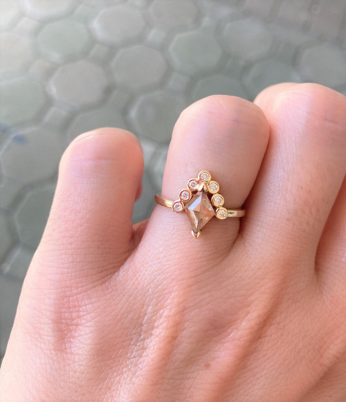 Diamond Shape Rosecut Coral Diamond 14K Gold Band Round Bezel Set Crown Unique OOAK AD1317