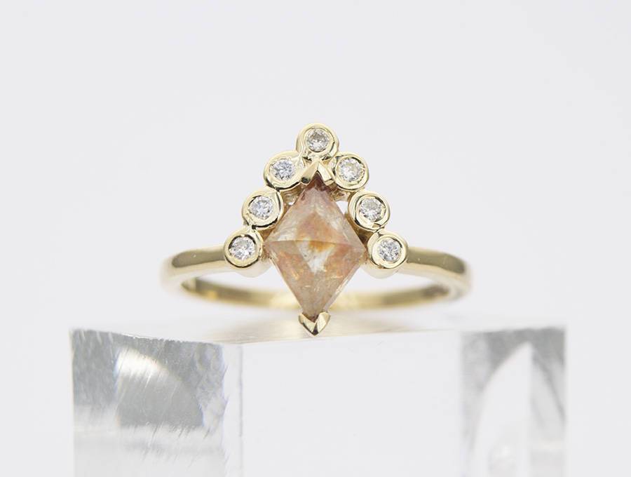 Diamond Shape Rosecut Coral Diamond 14K Gold Band Round Bezel Set Crown Unique OOAK AD1317